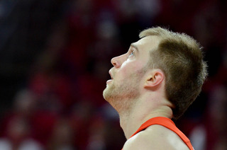 Cooney looks up into PNC Arena. The junior concluded his season with eight points on 3-of-10 shooting from the field.
