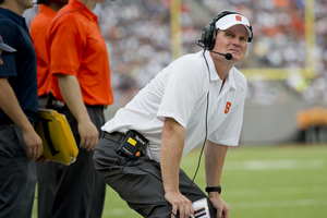 Syracuse head coach Scott Shafer watches on during his team's season opening victory in Game 1 of the Shafer Era.