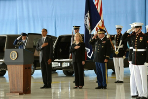 President Barack Obama and  Hillary Clinton attend the Transfer of Remains Ceremony to honor those lost in the attacks in Benghazi, Libya where four Americans were killed. 