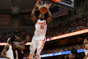 Oshae Brissett dunks the ball against St. Bonaventure. The freshman scored 19 points and grabbed nine rebounds in SU's win.