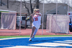 Megan Carney controls possession at X in Syracuse's matchup with Clemson earlier this season. Carney produced two goals in SU's dominant 19-10 win 