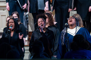 The combined choir sings “Lift Every Voice and Sin.” It served as the final of ten pieces performed during the Black History Month Concert of the Malmgren Concert Series in Hendricks Chapel.
