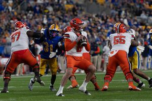 Syracuse quarterback Kyle McCord threw a career-worst five interceptions in its 41-13 loss to Pitt last Thursday, including three pick-sixes in the first half alone.