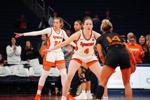 Syracuse held Miami’s leading scorer Haley Cavinder to just seven first-half points, limiting her to 6-for-17 shooting on the night.