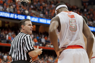 C.J. Fair talks with the baseline referee. Fair scored a career-high 26 points for Syracuse.