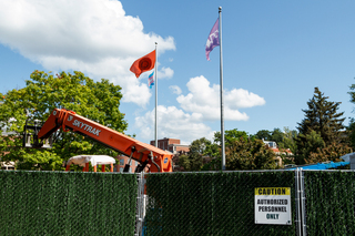 Some equipment is parked at the Hendricks Chapel construction site, where crews work to replace the building's iconic steps. Photo taken Aug. 8, 2017