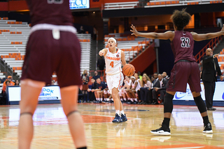 Tiana Mangakahia dribbles up the court for SU.